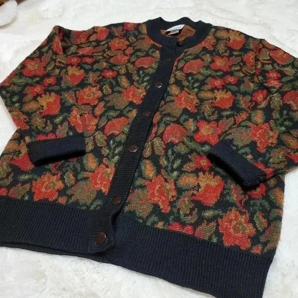 La Dame Australia Multi-Color Knit Cardigan Sweater sz L Wool Blend Dark Floral - Picture 5 of 7